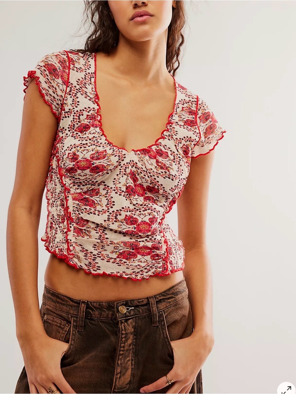 Free People Oh My Baby Tee Floral Mesh Ruched Coquette Boho Top M